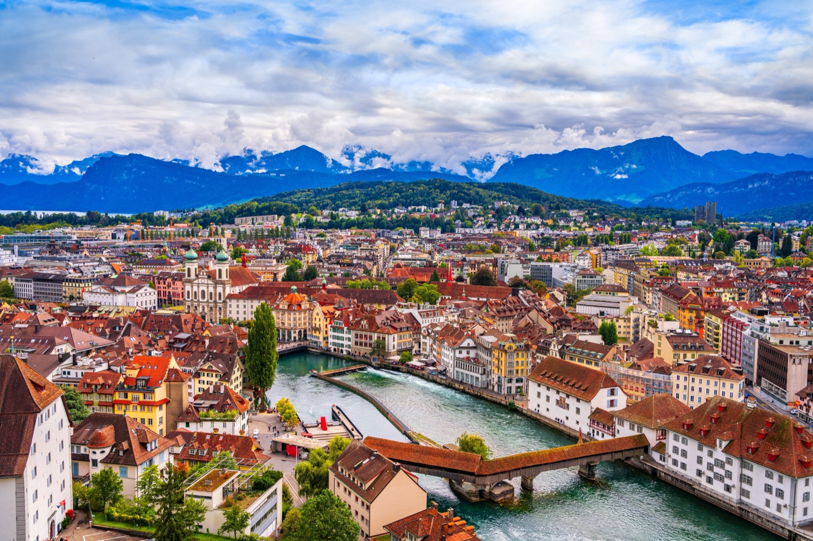 Aerial view over Lucerne and the Reuss